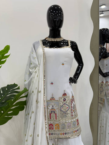 Party Wear White Color Thread And Sequin With Embroidery Work Sharara Suit