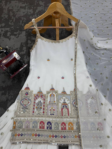 Party Wear White Color Thread And Sequin With Embroidery Work Sharara Suit