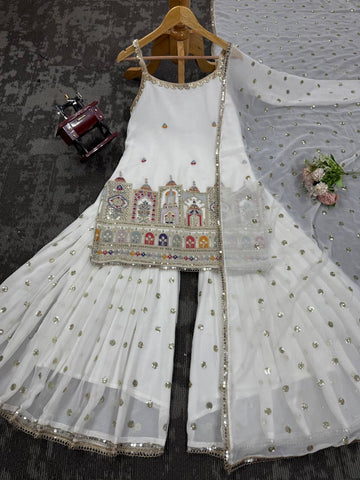 Party Wear White Color Thread And Sequin With Embroidery Work Sharara Suit