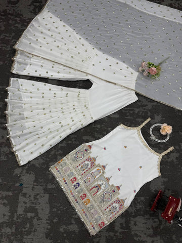 Party Wear White Color Thread And Sequin With Embroidery Work Sharara Suit