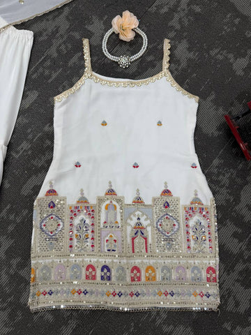 Party Wear White Color Thread And Sequin With Embroidery Work Sharara Suit