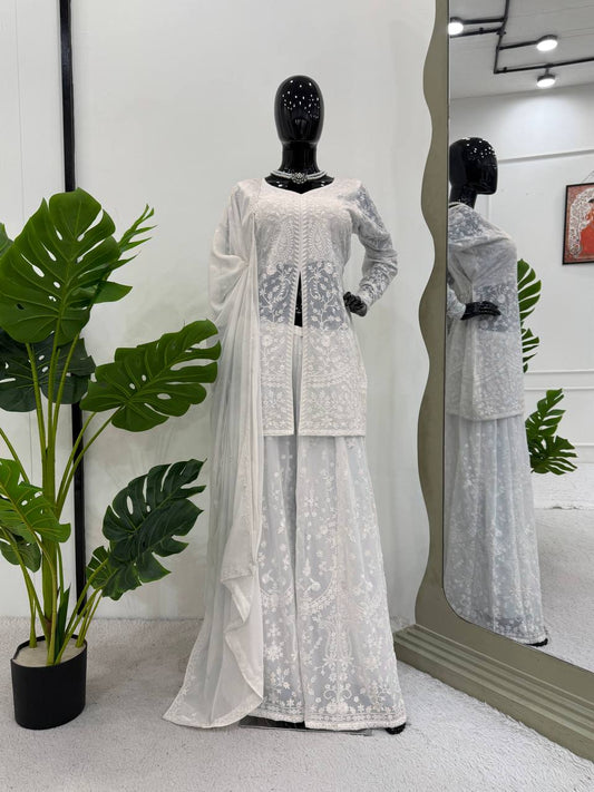 Occasion Wear White Color Soft Faux Georgette WIth Beautiful Thread Embroidery Work Palazzo Suit
