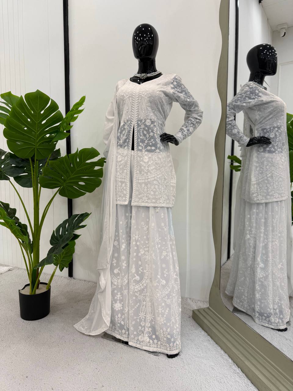 Occasion Wear White Color Soft Faux Georgette WIth Beautiful Thread Embroidery Work Palazzo Suit