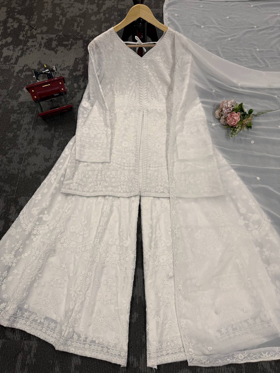 Occasion Wear White Color Soft Faux Georgette WIth Beautiful Thread Embroidery Work Palazzo Suit