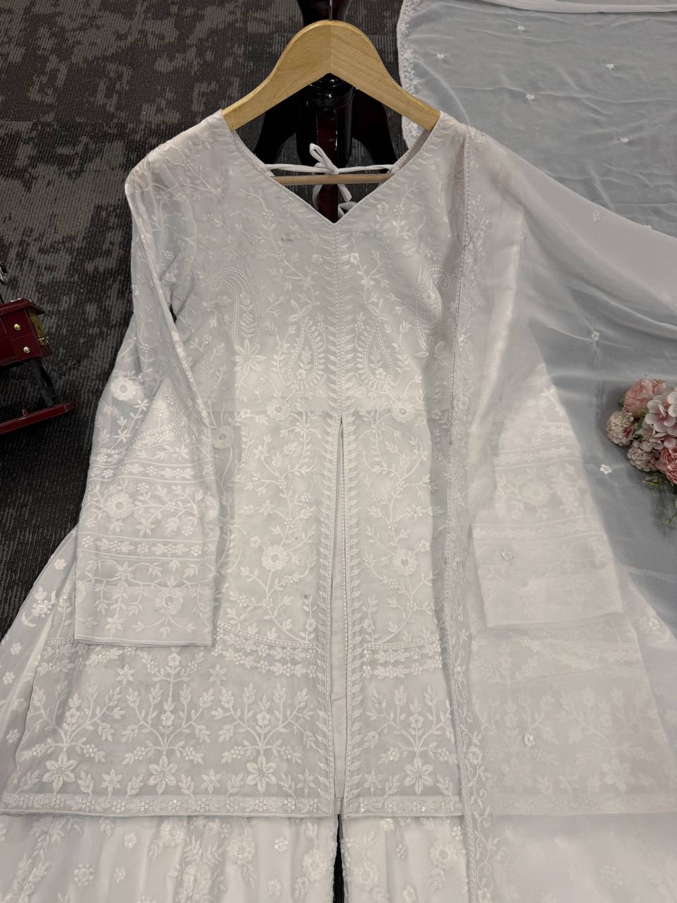Occasion Wear White Color Soft Faux Georgette WIth Beautiful Thread Embroidery Work Palazzo Suit