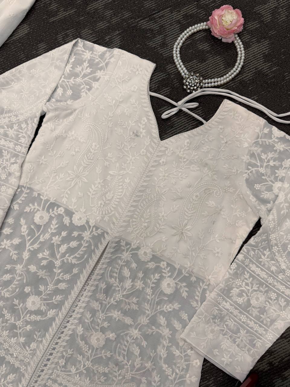 Occasion Wear White Color Soft Faux Georgette WIth Beautiful Thread Embroidery Work Palazzo Suit