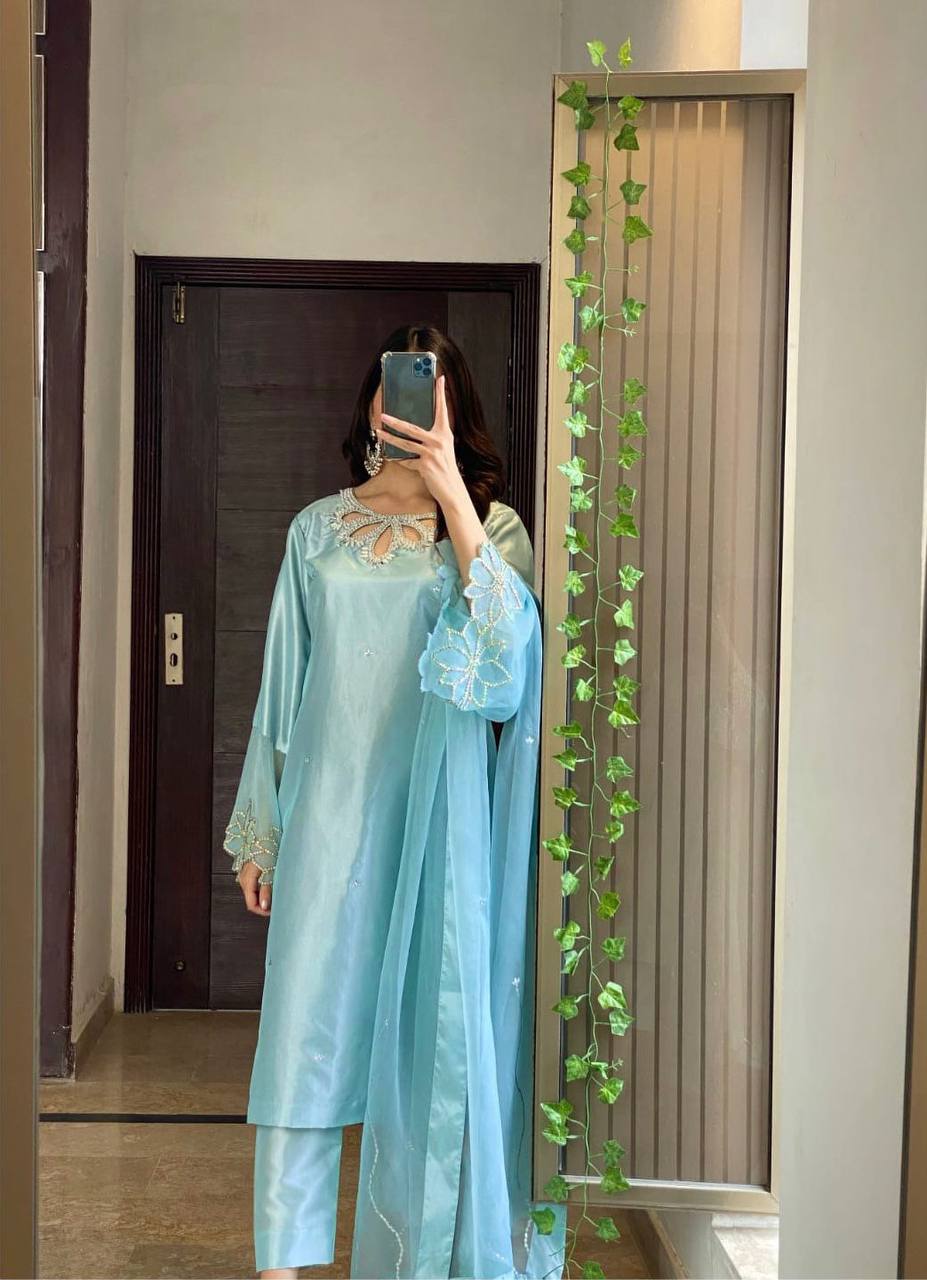Designer Sky Blue Color Embroidery With Beads And Sequence Work Salwar Suit