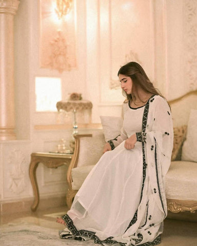 Beautiful White Color Georgette Embroidered Gown With Matching Dupatta Ready to Wear