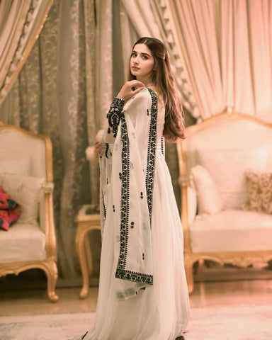 Beautiful White Color Georgette Embroidered Gown With Matching Dupatta Ready to Wear