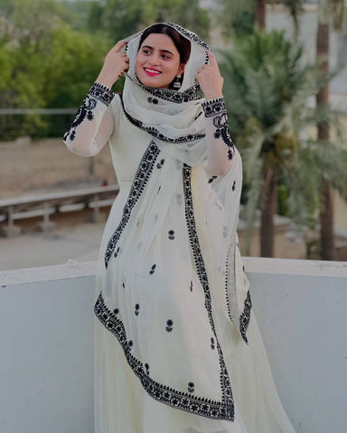 Beautiful White Color Georgette Embroidered Gown With Matching Dupatta Ready to Wear