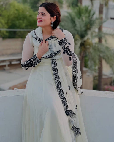 Beautiful White Color Georgette Embroidered Gown With Matching Dupatta Ready to Wear