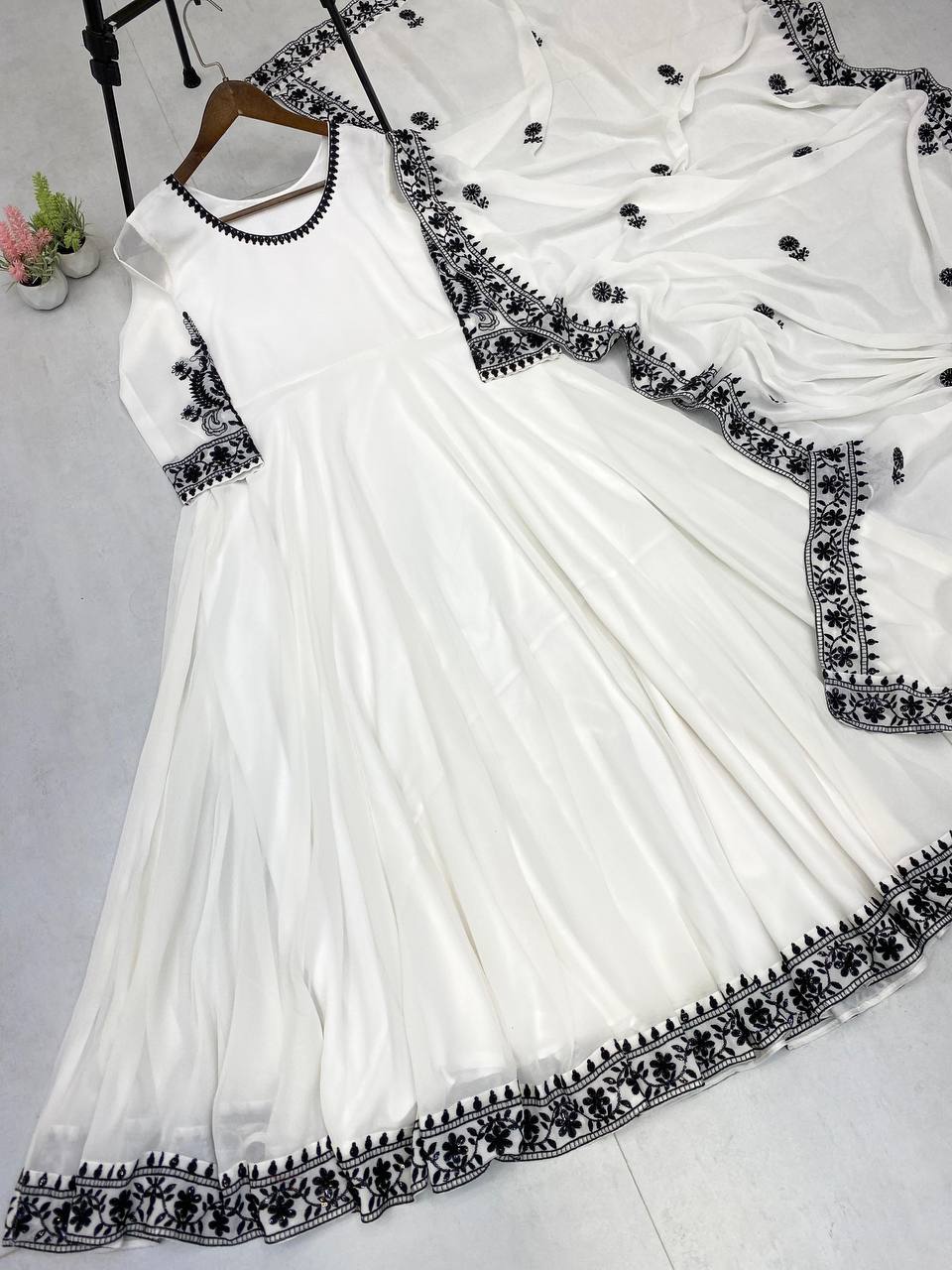 Beautiful White Color Georgette Embroidered Gown With Matching Dupatta Ready to Wear