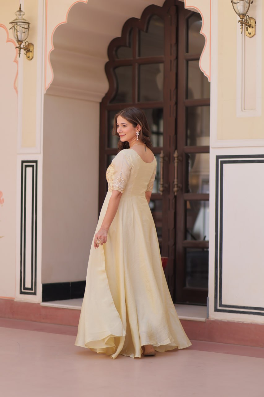 Superhit Gold Crush Beige Color Handwork Gown – 8 Meter Flair, Fully Stitched Ready to Wear