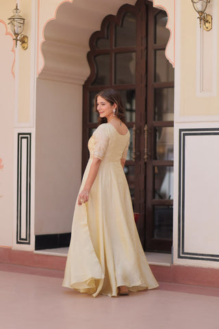 Superhit Gold Crush Beige Color Handwork Gown – 8 Meter Flair, Fully Stitched Ready to Wear