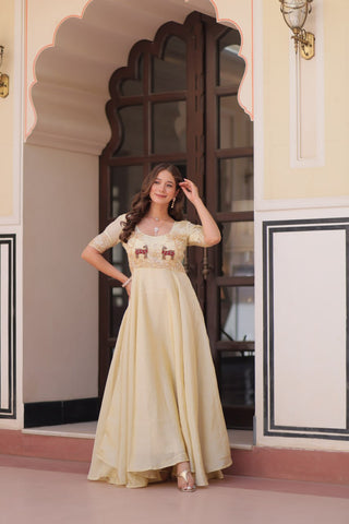 Superhit Gold Crush Beige Color Handwork Gown – 8 Meter Flair, Fully Stitched Ready to Wear