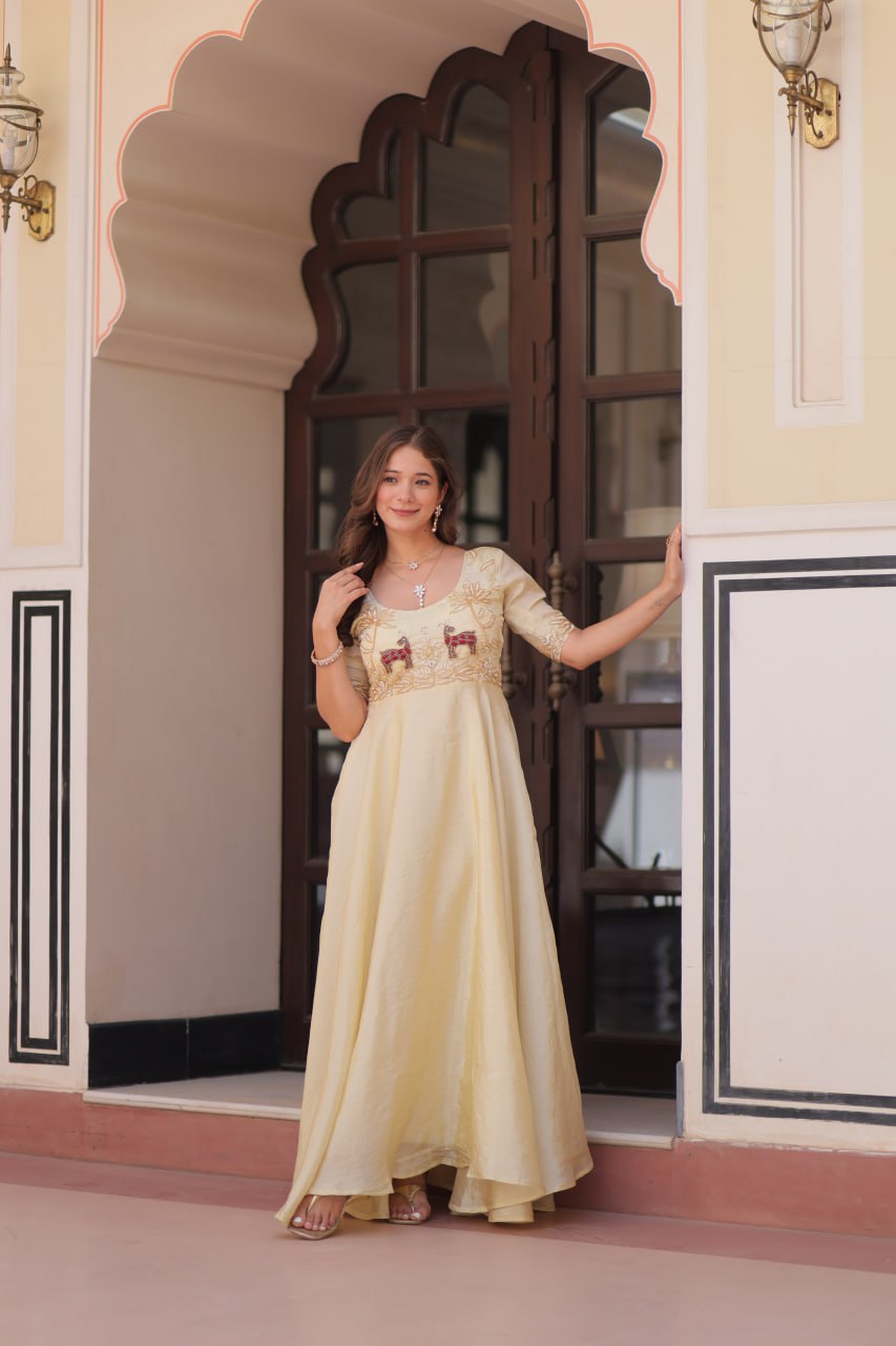 Superhit Gold Crush Beige Color Handwork Gown – 8 Meter Flair, Fully Stitched Ready to Wear