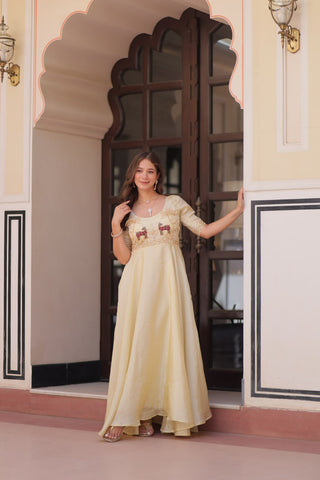Superhit Gold Crush Beige Color Handwork Gown – 8 Meter Flair, Fully Stitched Ready to Wear
