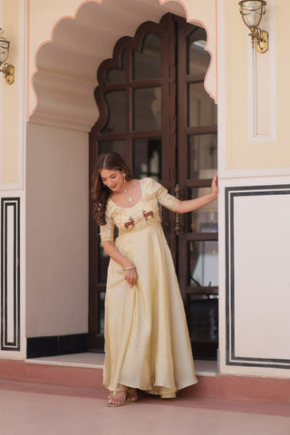 Superhit Gold Crush Beige Color Handwork Gown – 8 Meter Flair, Fully Stitched Ready to Wear