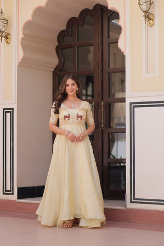 Superhit Gold Crush Beige Color Handwork Gown – 8 Meter Flair, Fully Stitched Ready to Wear