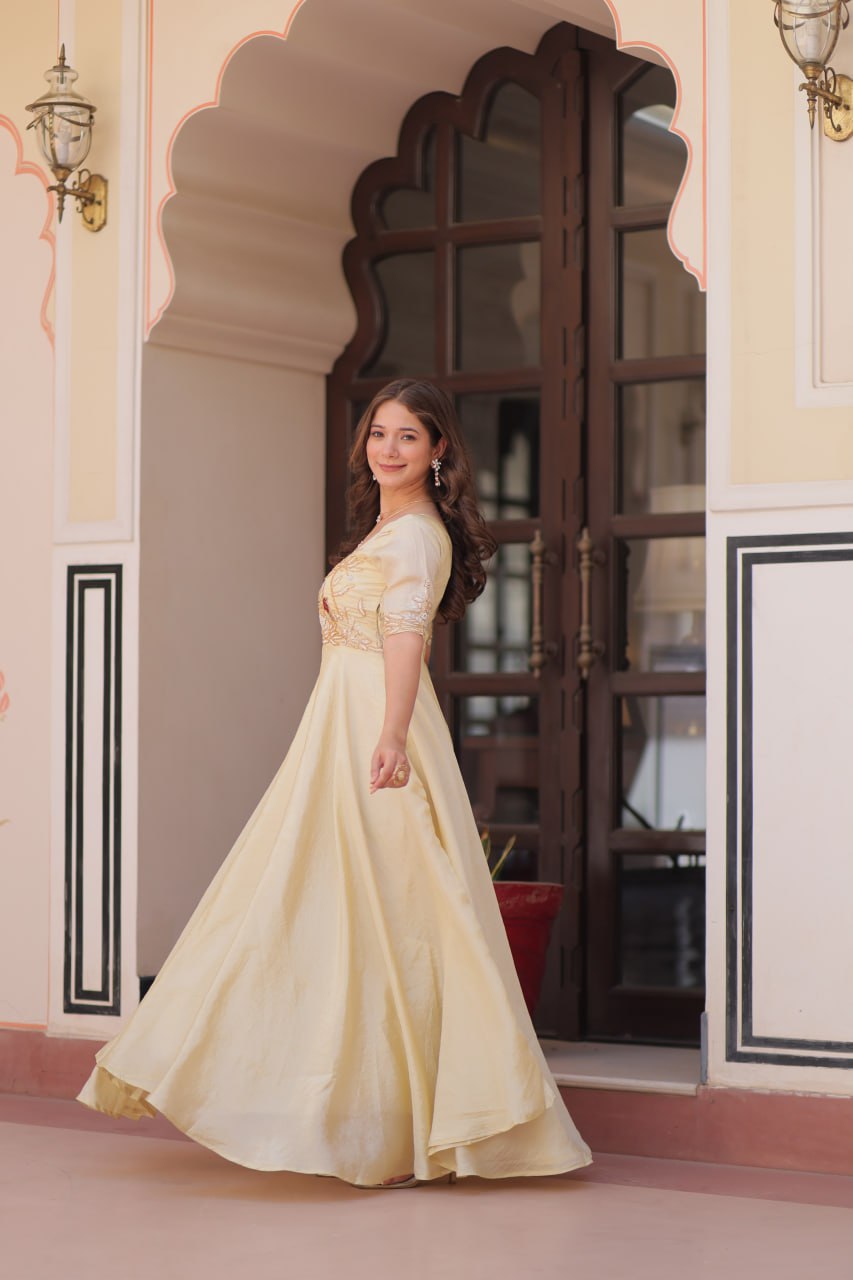 Superhit Gold Crush Beige Color Handwork Gown – 8 Meter Flair, Fully Stitched Ready to Wear