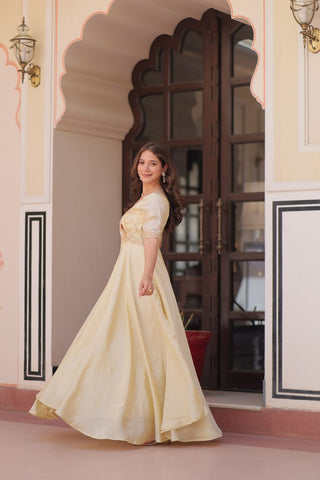 Superhit Gold Crush Beige Color Handwork Gown – 8 Meter Flair, Fully Stitched Ready to Wear