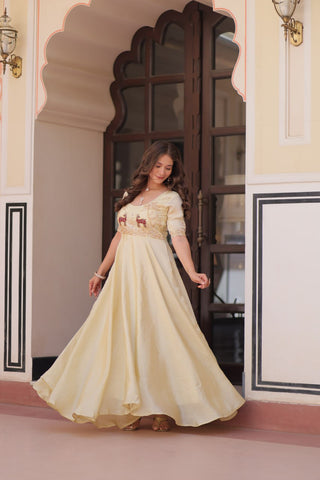 Superhit Gold Crush Beige Color Handwork Gown – 8 Meter Flair, Fully Stitched Ready to Wear
