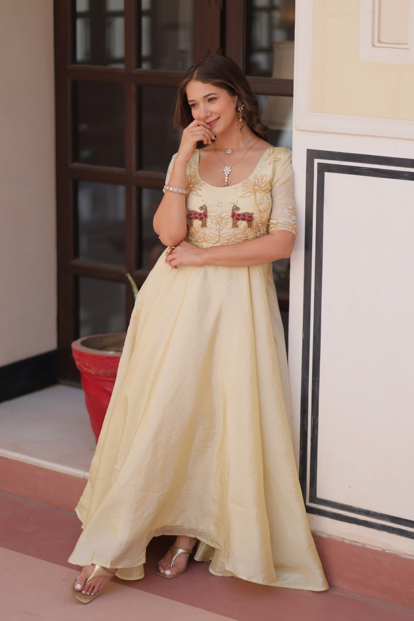 Superhit Gold Crush Beige Color Handwork Gown – 8 Meter Flair, Fully Stitched Ready to Wear