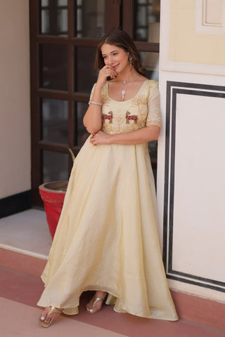 Superhit Gold Crush Beige Color Handwork Gown – 8 Meter Flair, Fully Stitched Ready to Wear