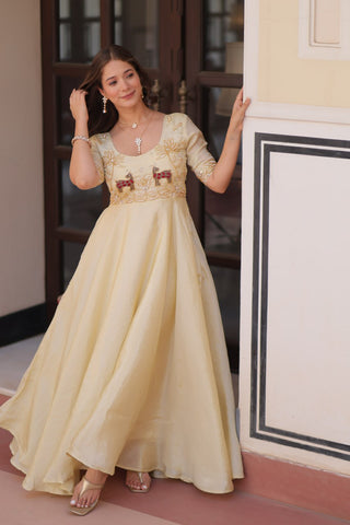Superhit Gold Crush Beige Color Handwork Gown – 8 Meter Flair, Fully Stitched Ready to Wear