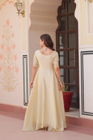 Superhit Gold Crush Beige Color Handwork Gown – 8 Meter Flair, Fully Stitched Ready to Wear