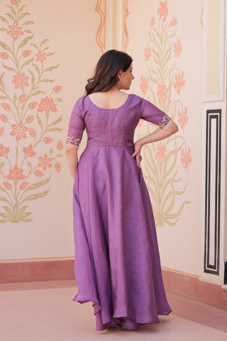 Superhit Gold Crush Rich Purple Color Handwork Gown – 8 Meter Flair, Fully Stitched Ready to Wear