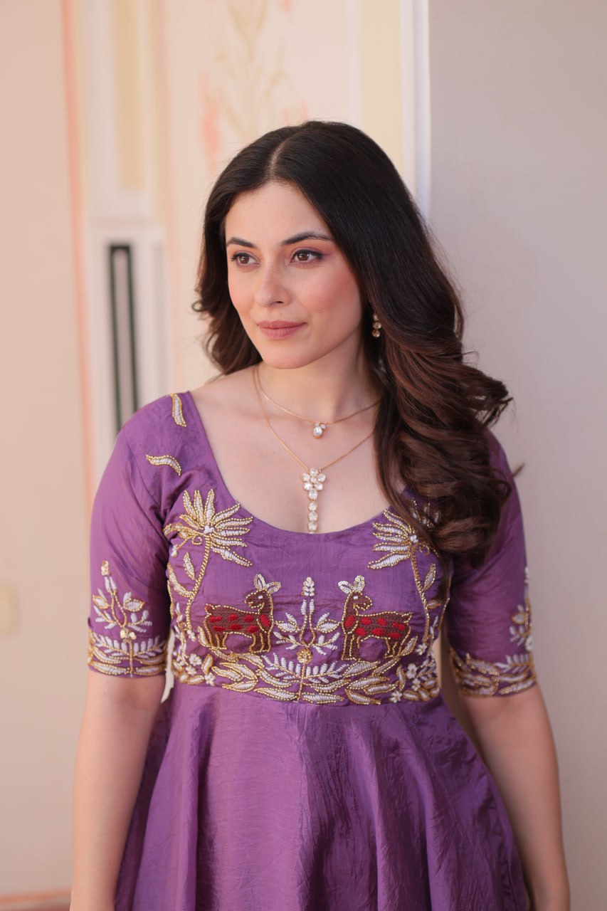 Superhit Gold Crush Rich Purple Color Handwork Gown – 8 Meter Flair, Fully Stitched Ready to Wear