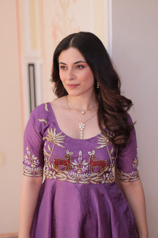 Superhit Gold Crush Rich Purple Color Handwork Gown – 8 Meter Flair, Fully Stitched Ready to Wear
