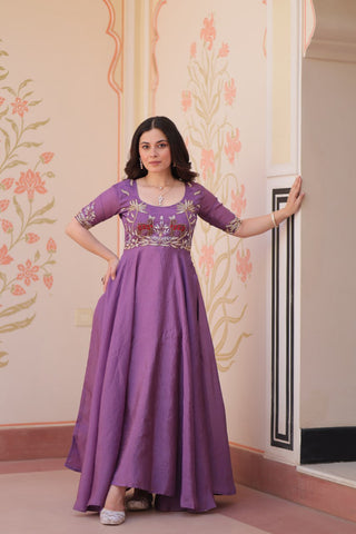 Superhit Gold Crush Rich Purple Color Handwork Gown – 8 Meter Flair, Fully Stitched Ready to Wear