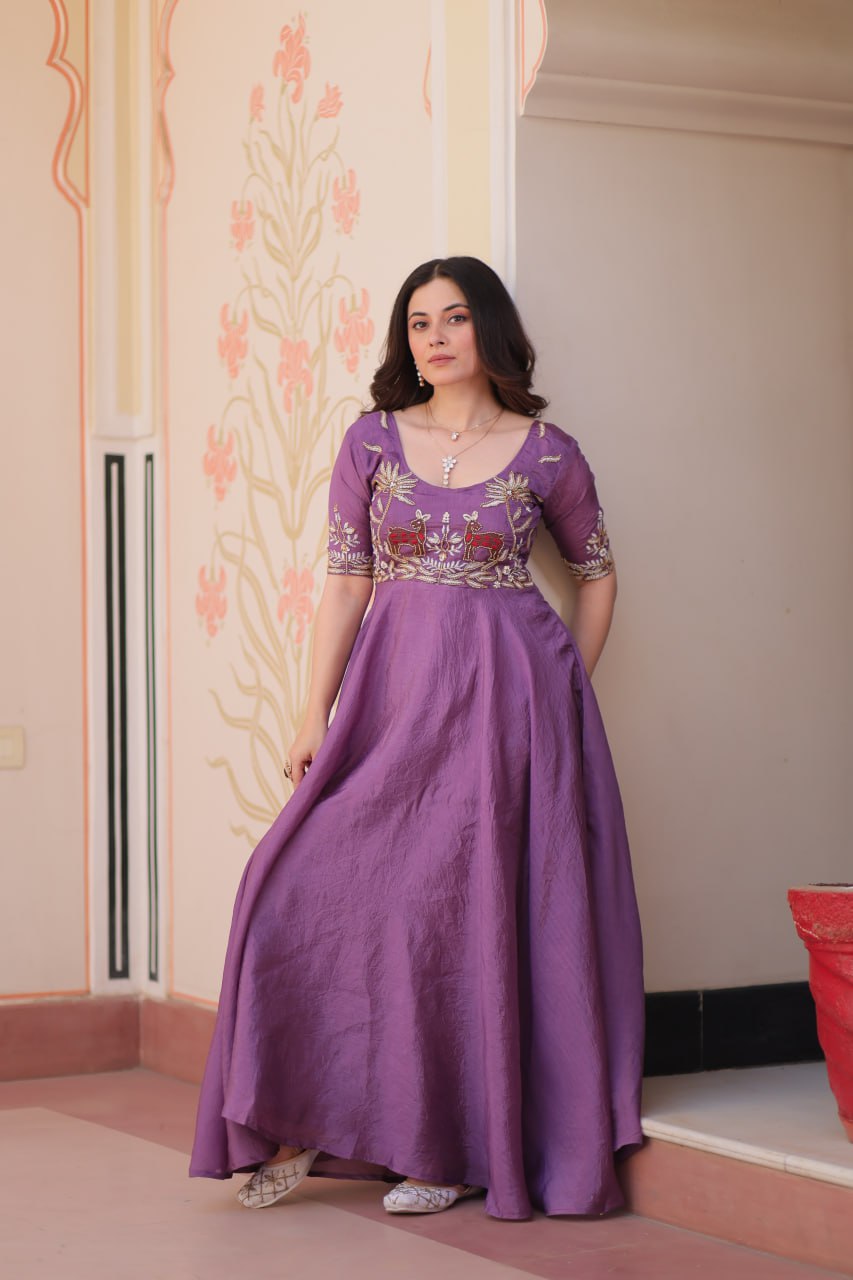 Superhit Gold Crush Rich Purple Color Handwork Gown – 8 Meter Flair, Fully Stitched Ready to Wear
