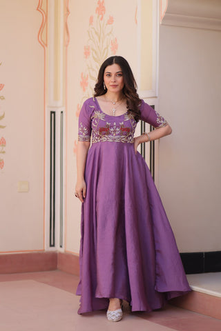 Superhit Gold Crush Rich Purple Color Handwork Gown – 8 Meter Flair, Fully Stitched Ready to Wear