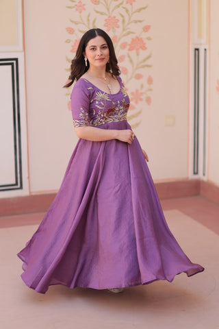 Superhit Gold Crush Rich Purple Color Handwork Gown – 8 Meter Flair, Fully Stitched Ready to Wear
