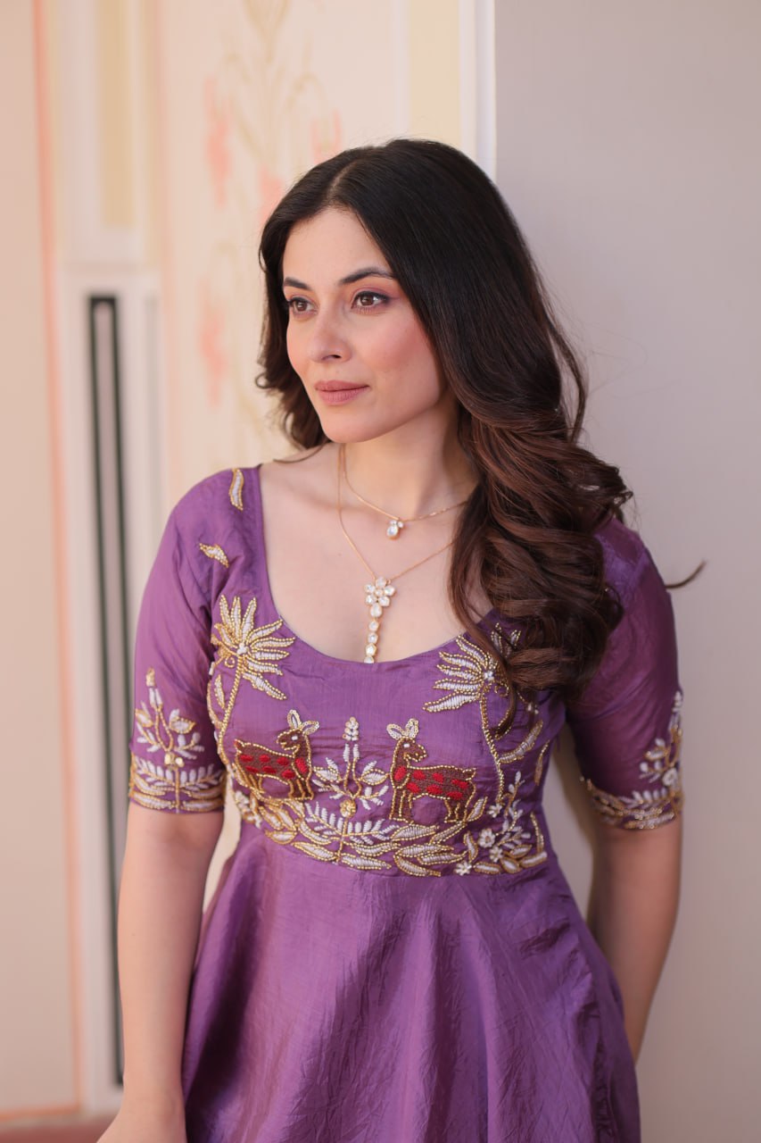 Superhit Gold Crush Rich Purple Color Handwork Gown – 8 Meter Flair, Fully Stitched Ready to Wear