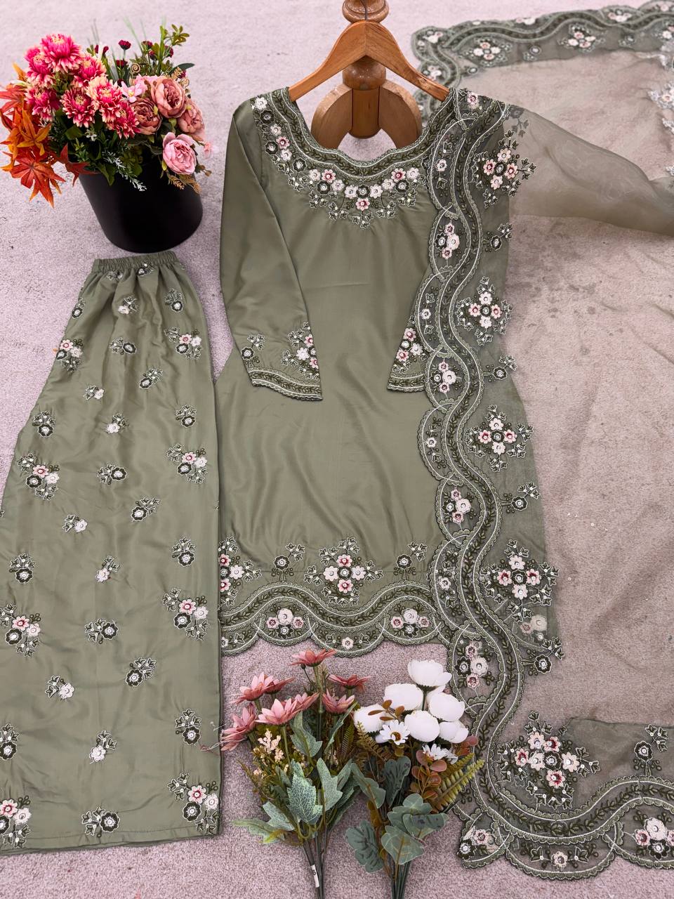 Function Wear Light Green Color Embroidery With Sequence Work Beautiful Palazzo Suit