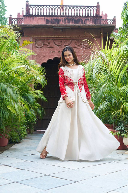 Marriage Special Red And Off White Color Badhrej Pattern Cording Embroidery With Thread Work Palazzo WIth Koti