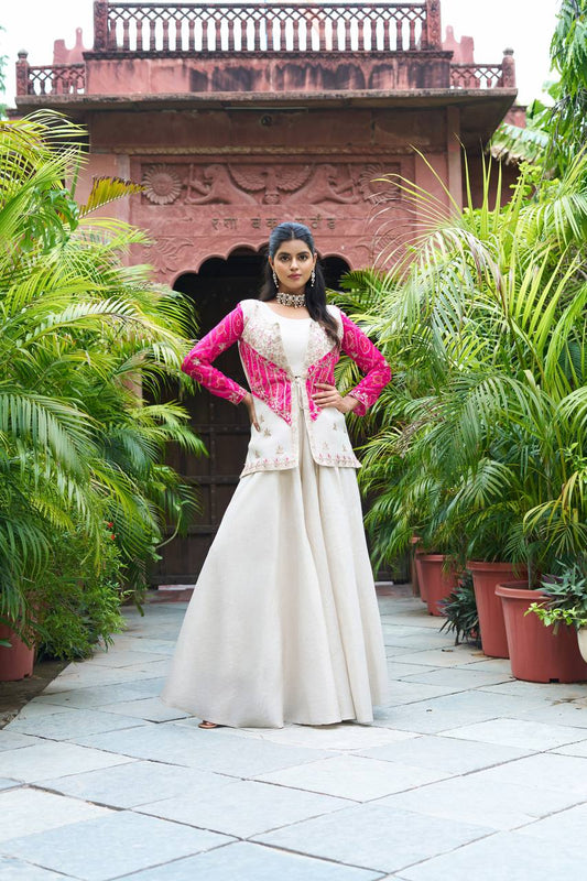 Marriage Special Pink And Off White Color Badhrej Pattern Cording Embroidery With Thread Work Palazzo WIth Koti