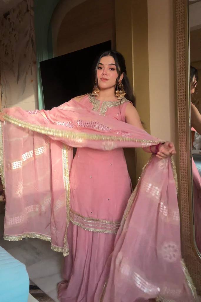 Wedding Wear Baby Pink Color Tabby Organza with Exquisite Embroidery Sequin Work Designer Sharara Suit