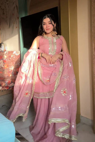 Wedding Wear Baby Pink Color Tabby Organza with Exquisite Embroidery Sequin Work Designer Sharara Suit