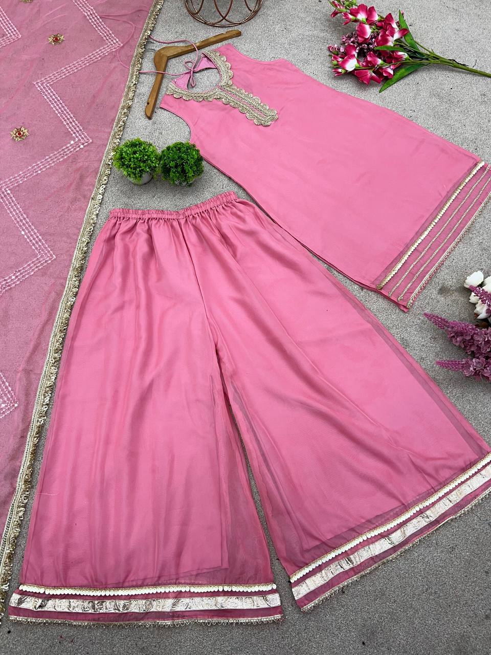 Wedding Wear Baby Pink Color Tabby Organza with Exquisite Embroidery Sequin Work Designer Sharara Suit