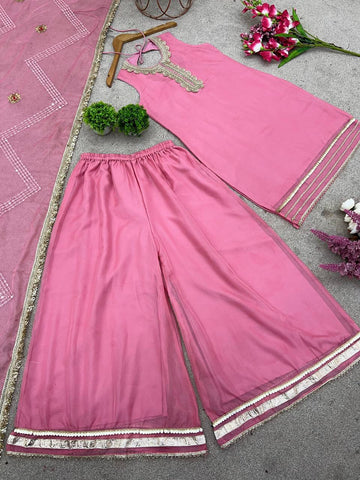 Wedding Wear Baby Pink Color Tabby Organza with Exquisite Embroidery Sequin Work Designer Sharara Suit