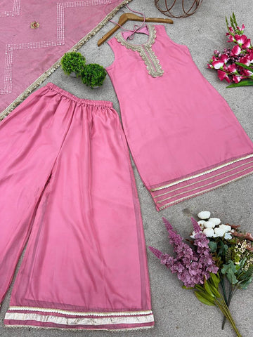 Wedding Wear Baby Pink Color Tabby Organza with Exquisite Embroidery Sequin Work Designer Sharara Suit