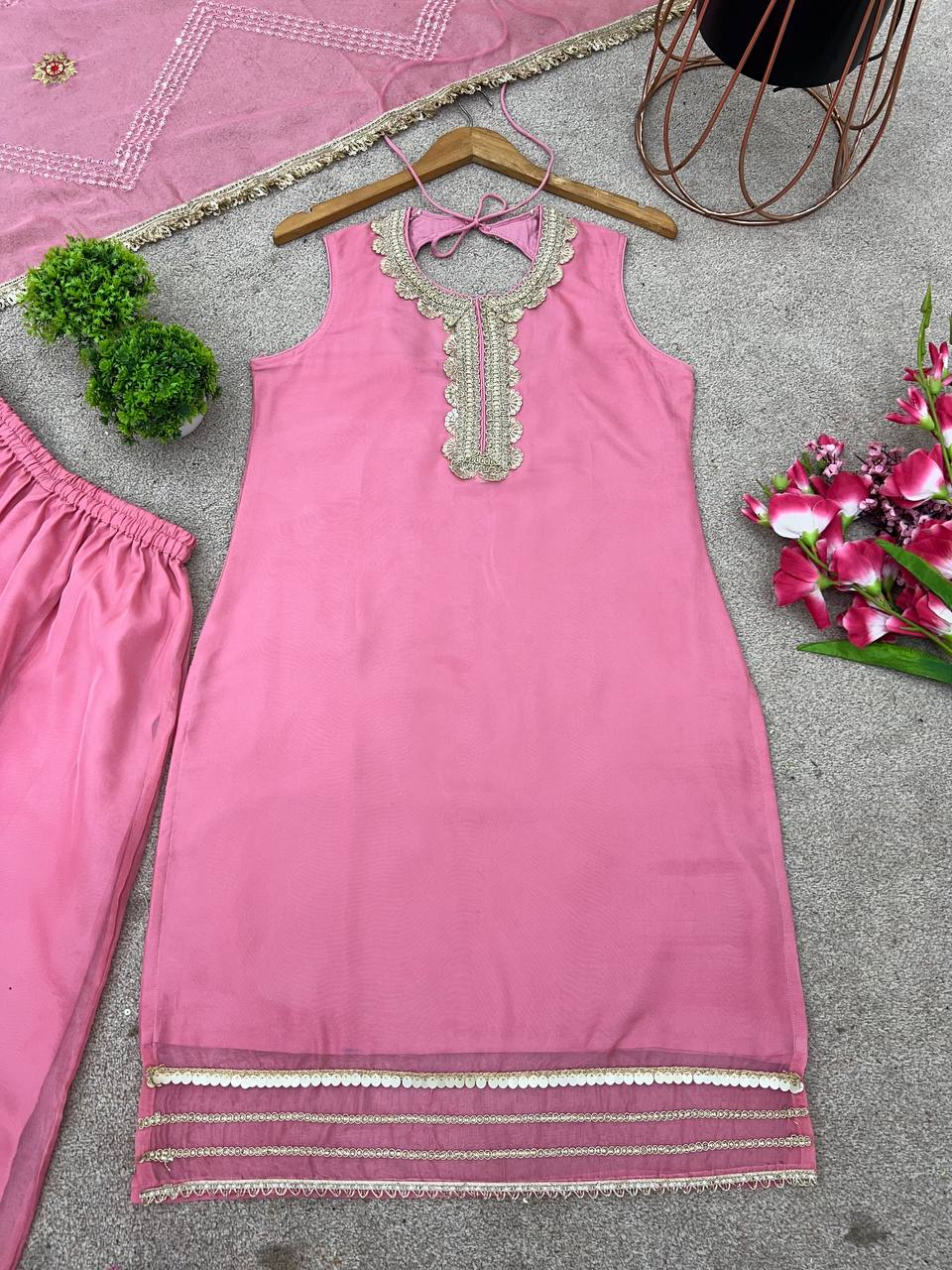 Wedding Wear Baby Pink Color Tabby Organza with Exquisite Embroidery Sequin Work Designer Sharara Suit
