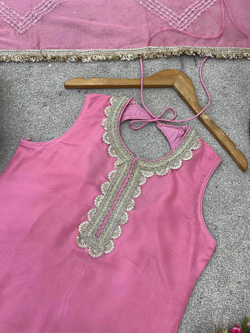 Wedding Wear Baby Pink Color Tabby Organza with Exquisite Embroidery Sequin Work Designer Sharara Suit