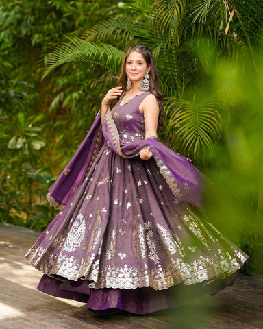 Party Wear Purple Color Crunchy Silk with Elegant Embroidery Work Anarkali Suit