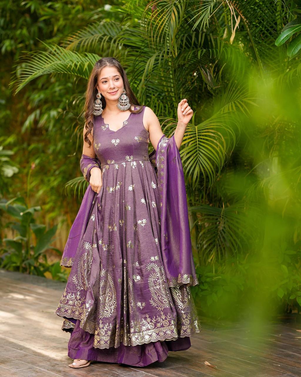 Party Wear Purple Color Crunchy Silk with Elegant Embroidery Work Anarkali Suit